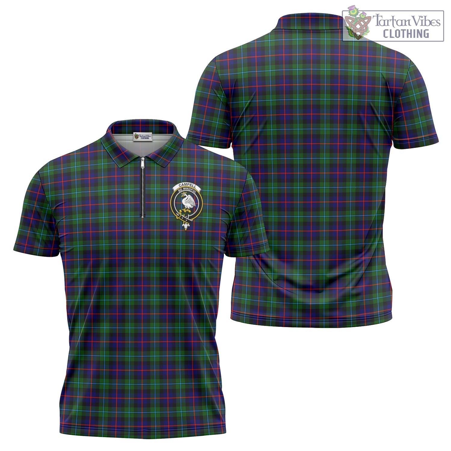 Tartan Vibes Clothing Campbell of Cawdor Modern Tartan Zipper Polo Shirt with Family Crest