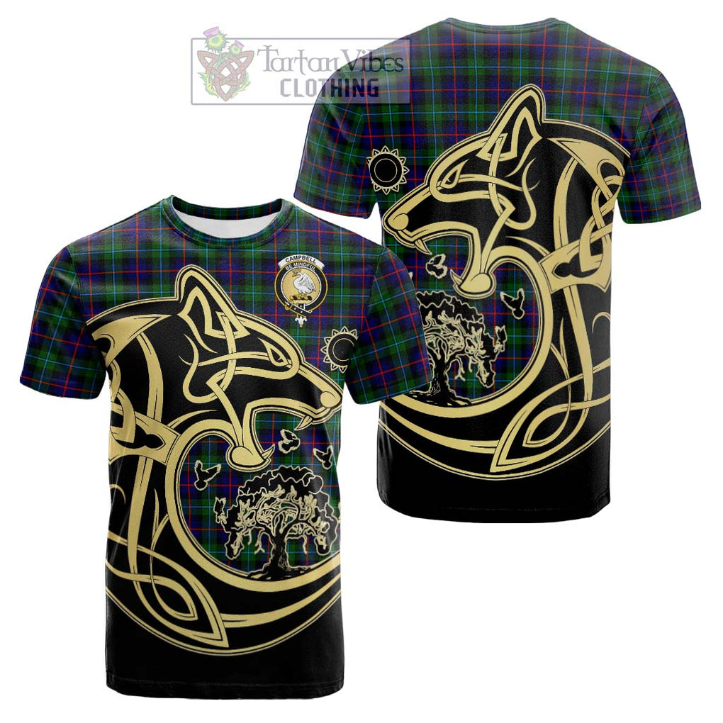 Tartan Vibes Clothing Campbell of Cawdor Modern Tartan Cotton T-shirt with Family Crest Celtic Wolf Style