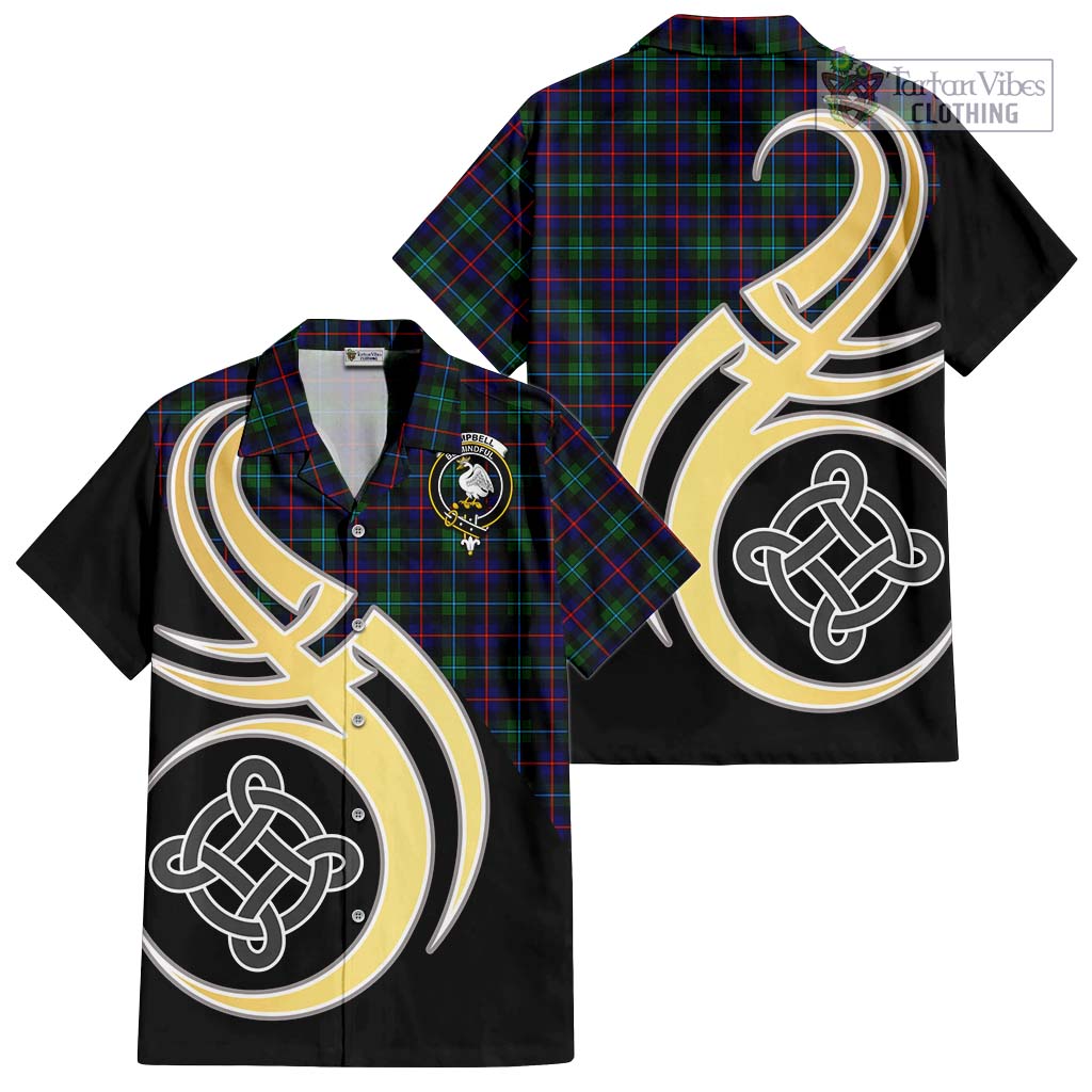 Tartan Vibes Clothing Campbell of Cawdor Modern Tartan Short Sleeve Button Shirt with Family Crest and Celtic Symbol Style