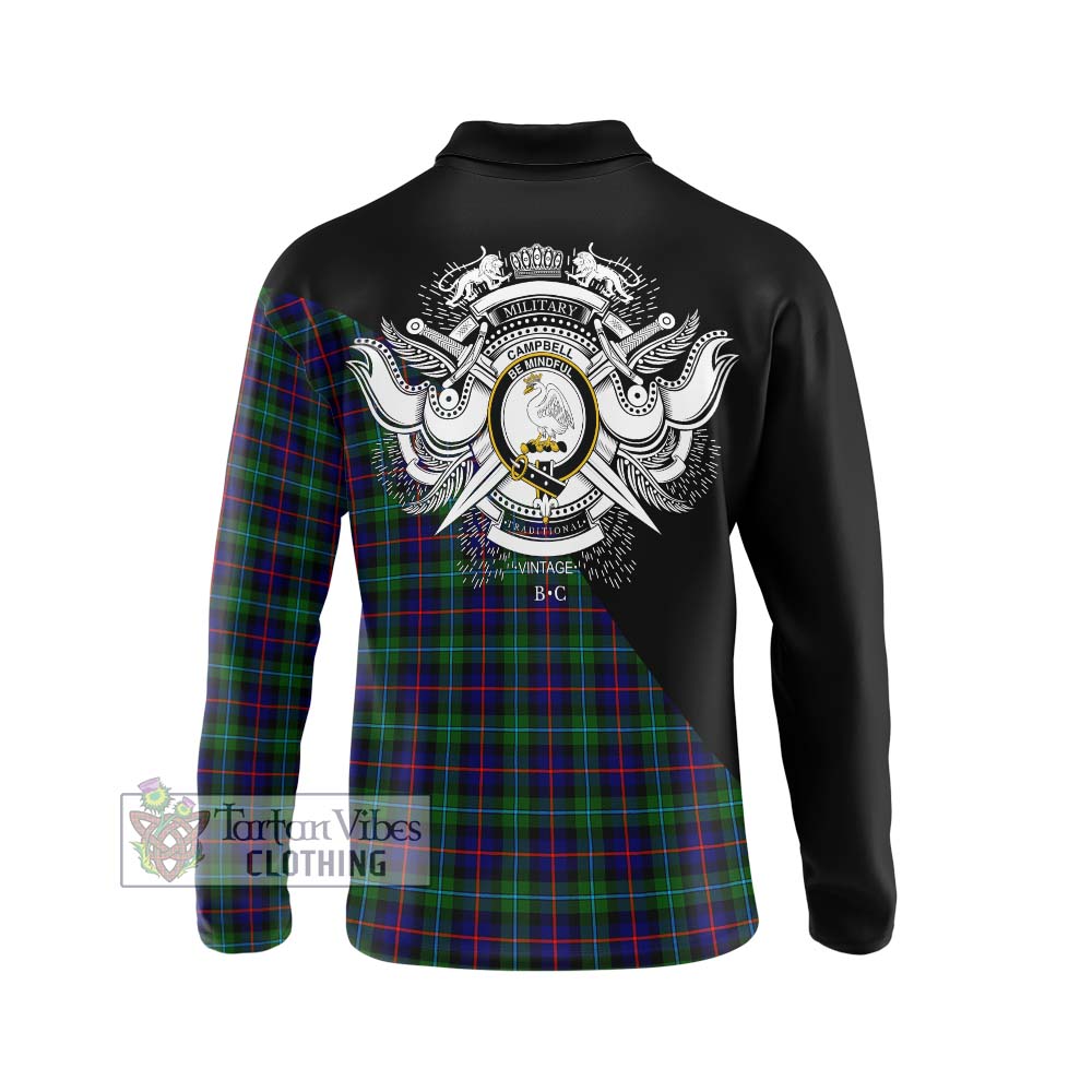 Tartan Vibes Clothing Campbell of Cawdor Modern Tartan Long Sleeve Polo Shirt with Family Crest and Military Logo Style