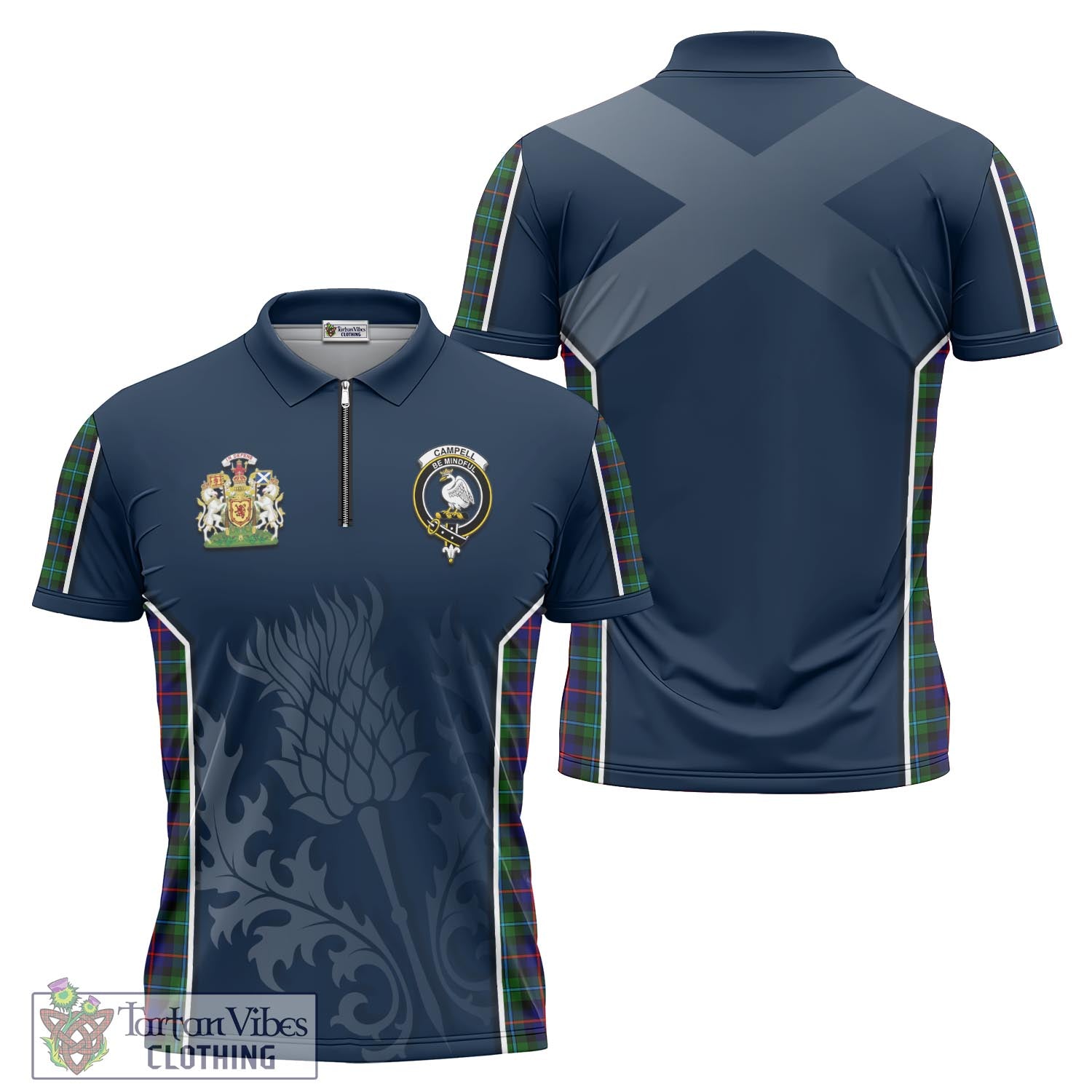 Tartan Vibes Clothing Campbell of Cawdor Modern Tartan Zipper Polo Shirt with Family Crest and Scottish Thistle Vibes Sport Style