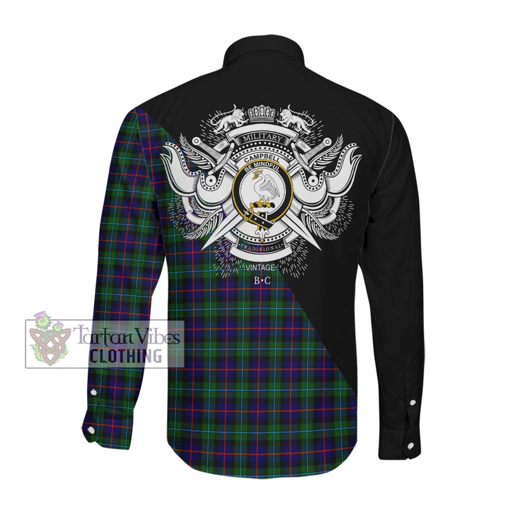 Tartan Vibes Clothing Campbell of Cawdor Modern Tartan Long Sleeve Button Shirt with Family Crest and Military Logo Style