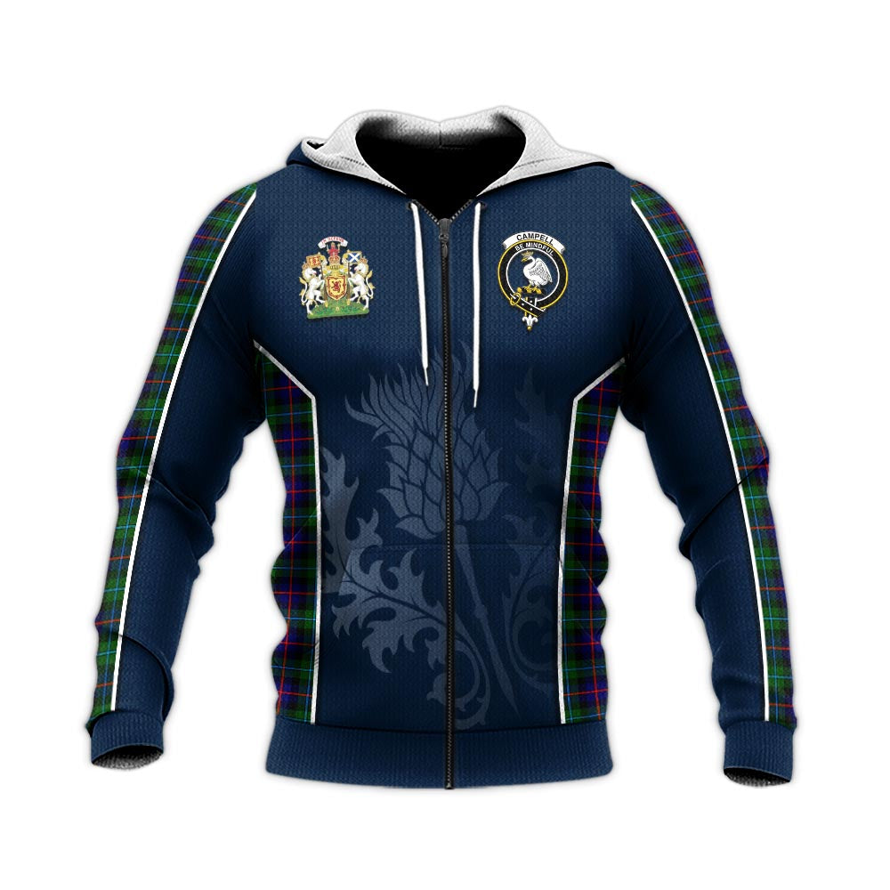 Tartan Vibes Clothing Campbell of Cawdor Modern Tartan Knitted Hoodie with Family Crest and Scottish Thistle Vibes Sport Style