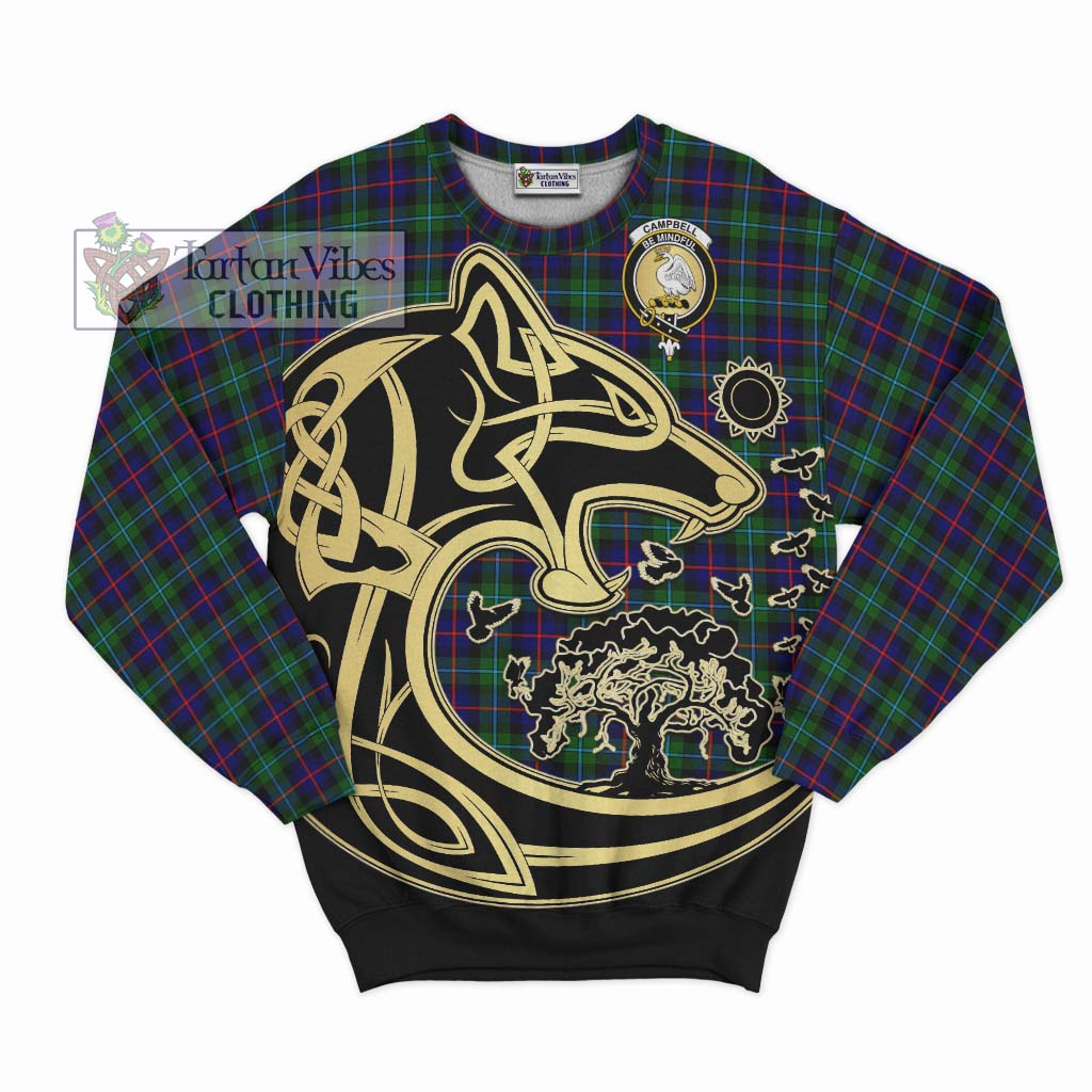 Tartan Vibes Clothing Campbell of Cawdor Modern Tartan Sweatshirt with Family Crest Celtic Wolf Style