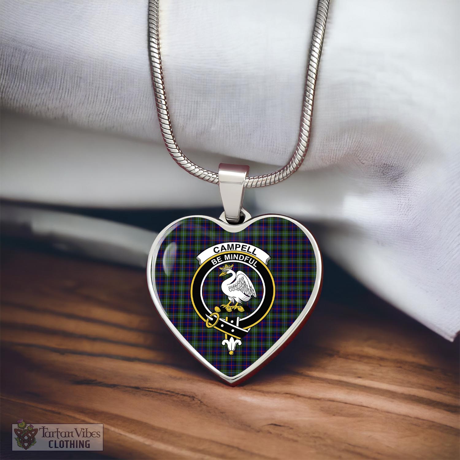 Tartan Vibes Clothing Campbell of Cawdor Modern Tartan Heart Necklace with Family Crest