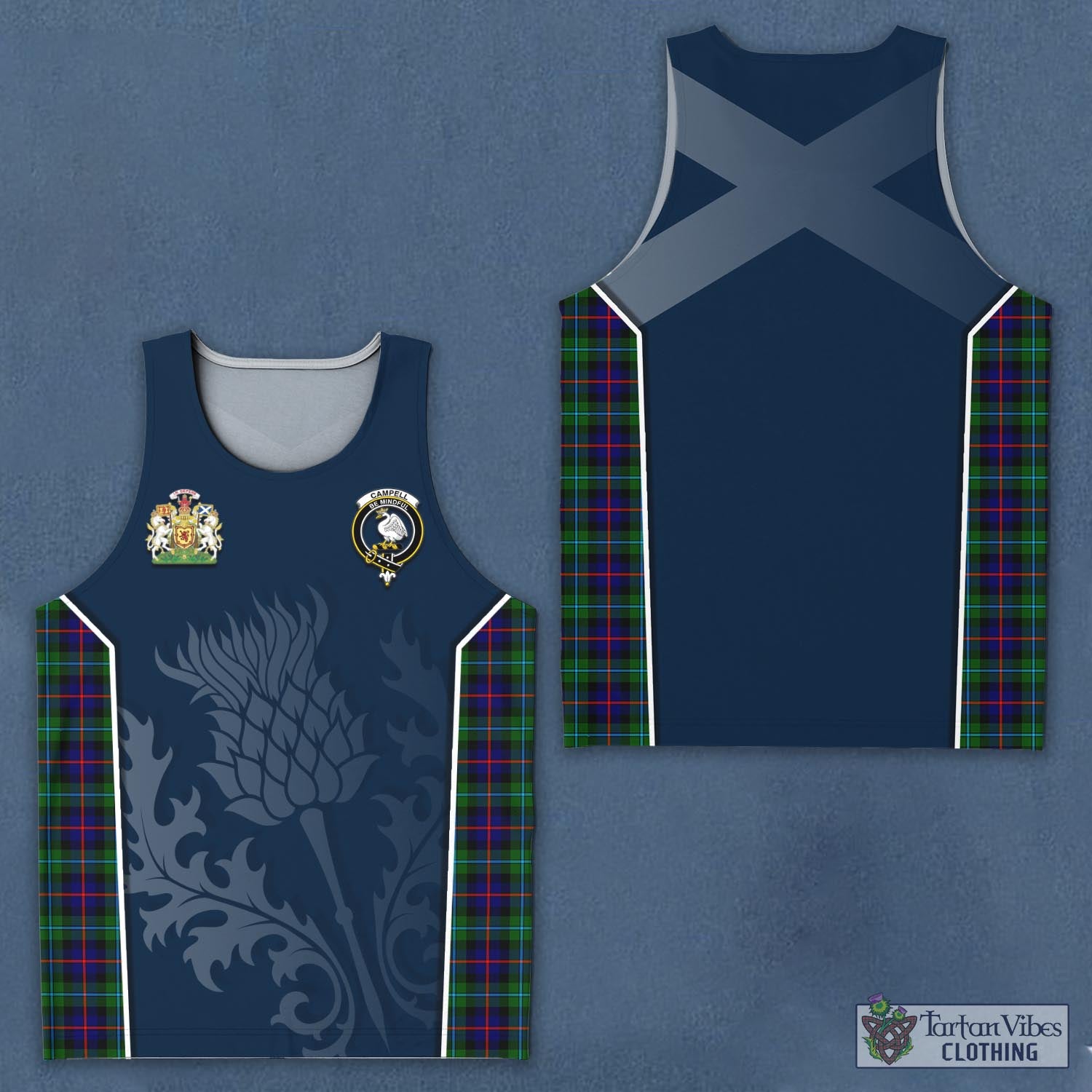 Tartan Vibes Clothing Campbell of Cawdor Modern Tartan Men's Tanks Top with Family Crest and Scottish Thistle Vibes Sport Style