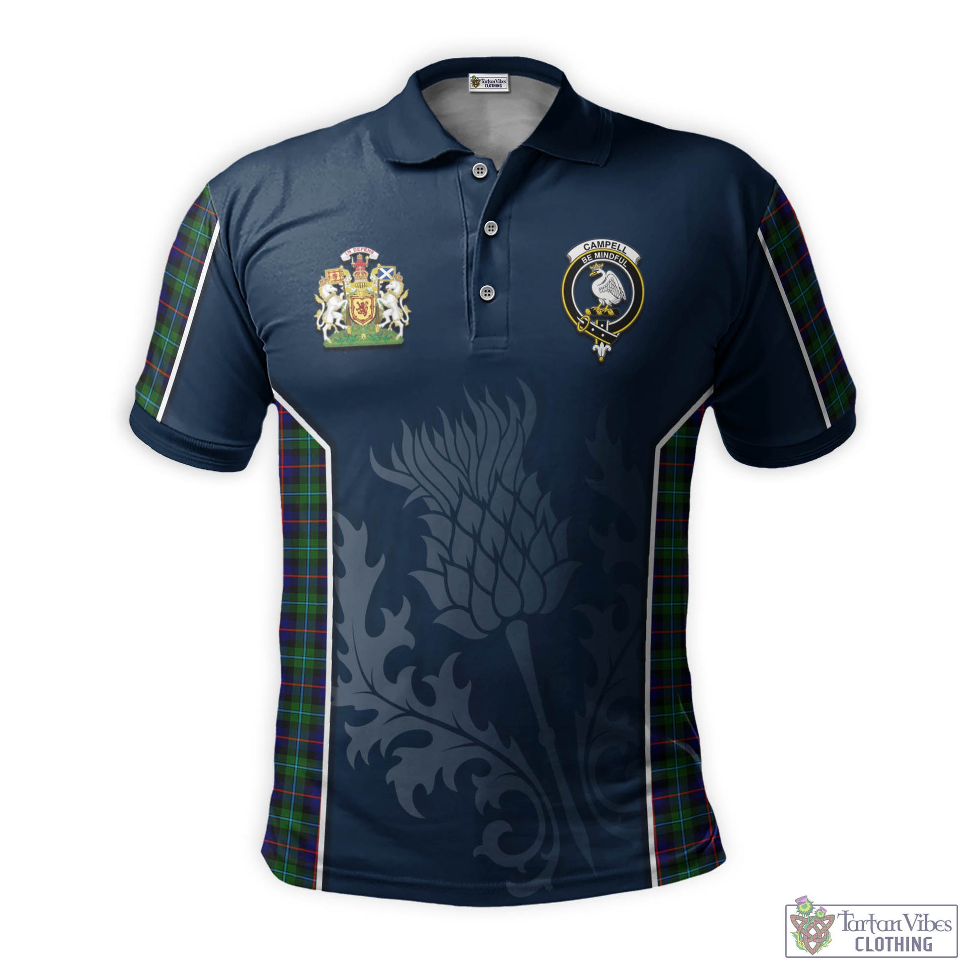 Tartan Vibes Clothing Campbell of Cawdor Modern Tartan Men's Polo Shirt with Family Crest and Scottish Thistle Vibes Sport Style