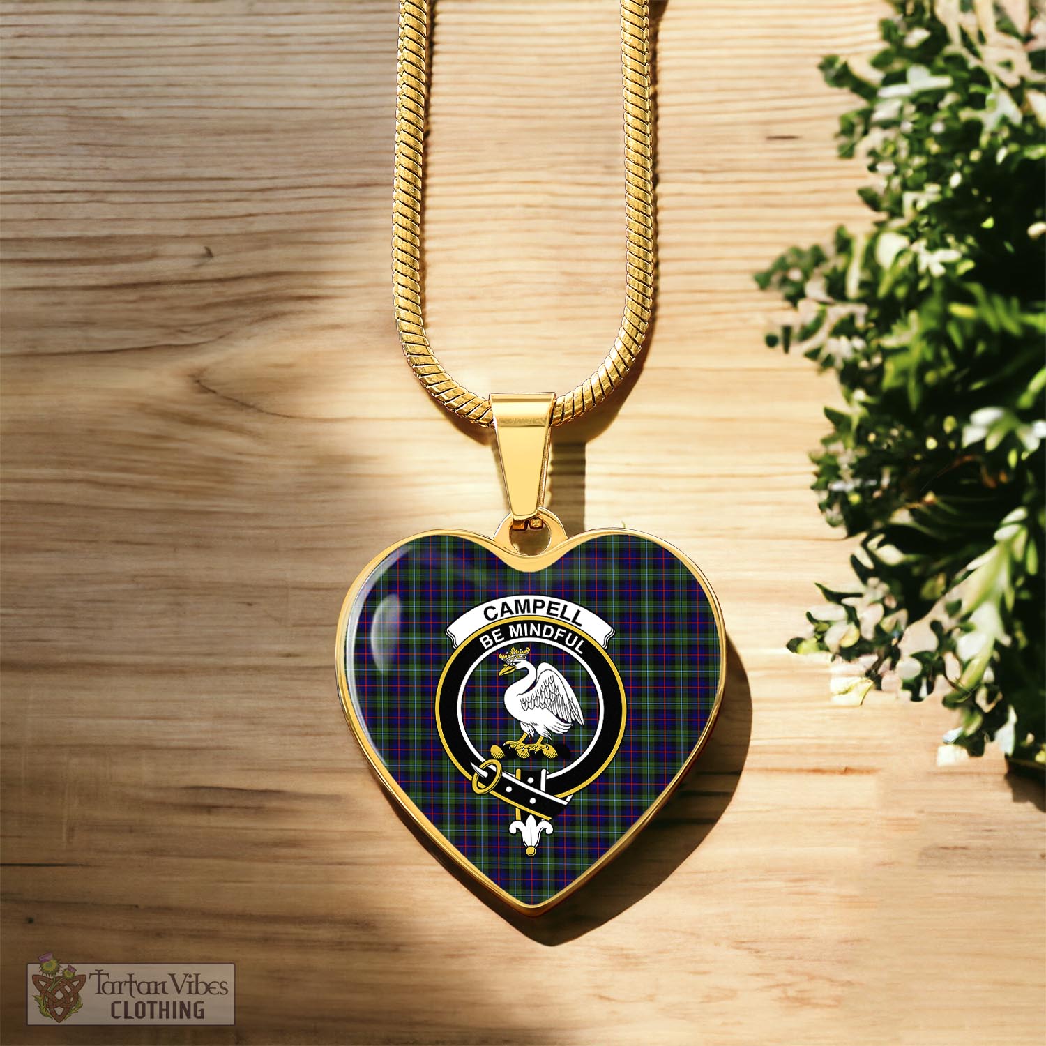 Tartan Vibes Clothing Campbell of Cawdor Modern Tartan Heart Necklace with Family Crest