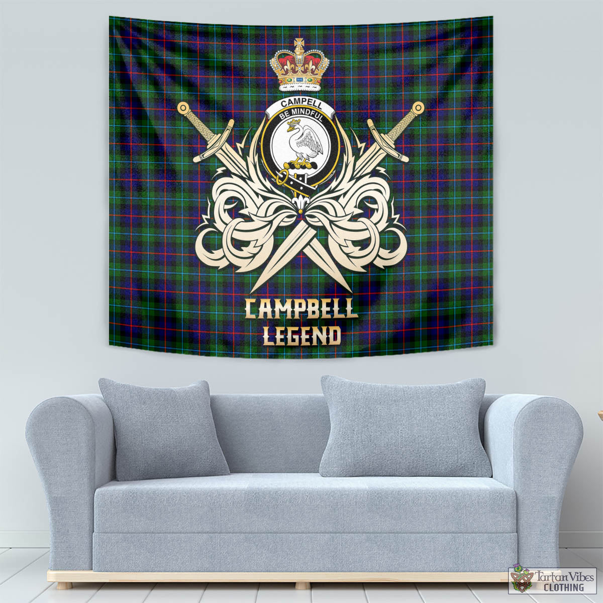 Tartan Vibes Clothing Campbell of Cawdor Modern Tartan Tapestry with Clan Crest and the Golden Sword of Courageous Legacy