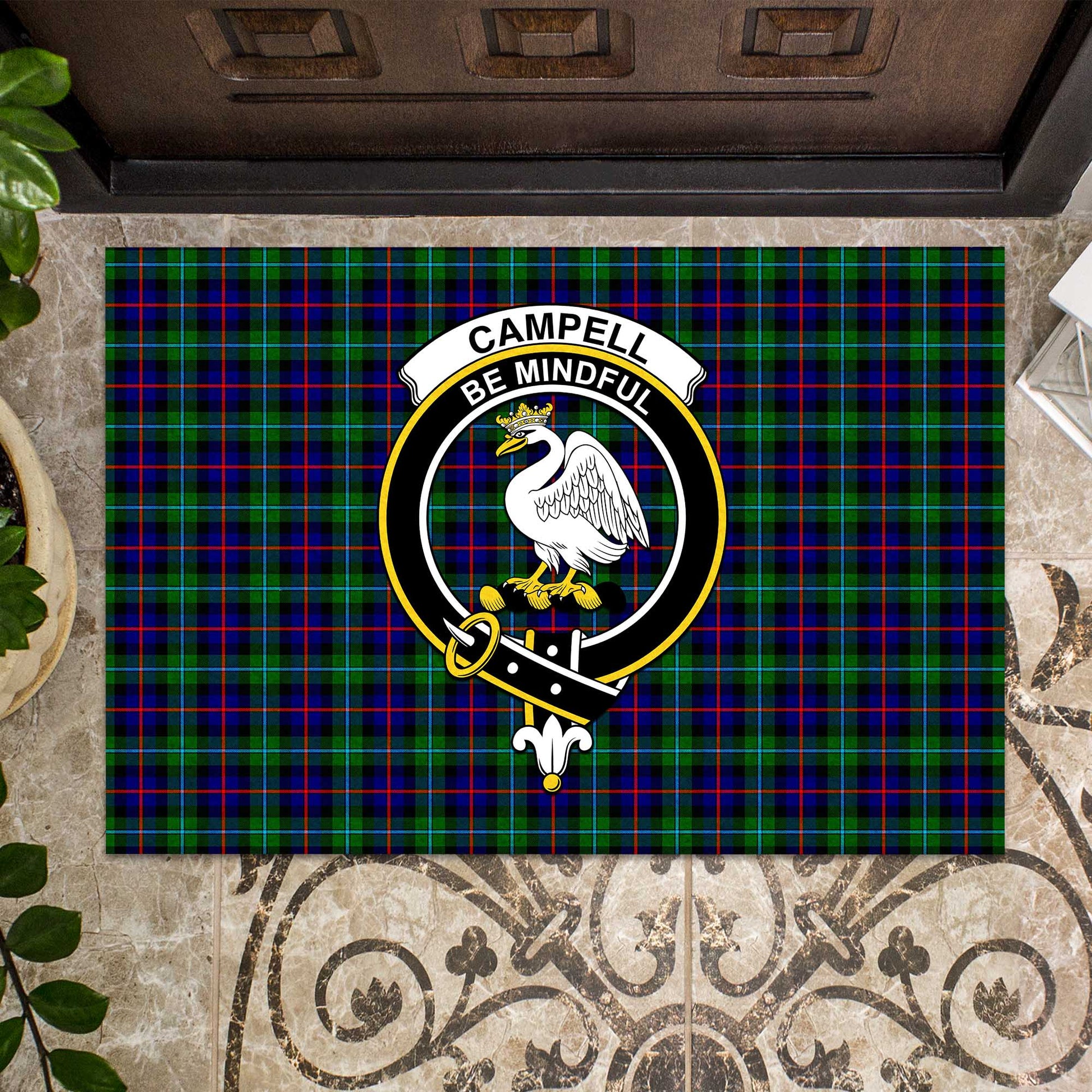 Campbell of Cawdor Modern Tartan Door Mat with Family Crest - Tartanvibesclothing