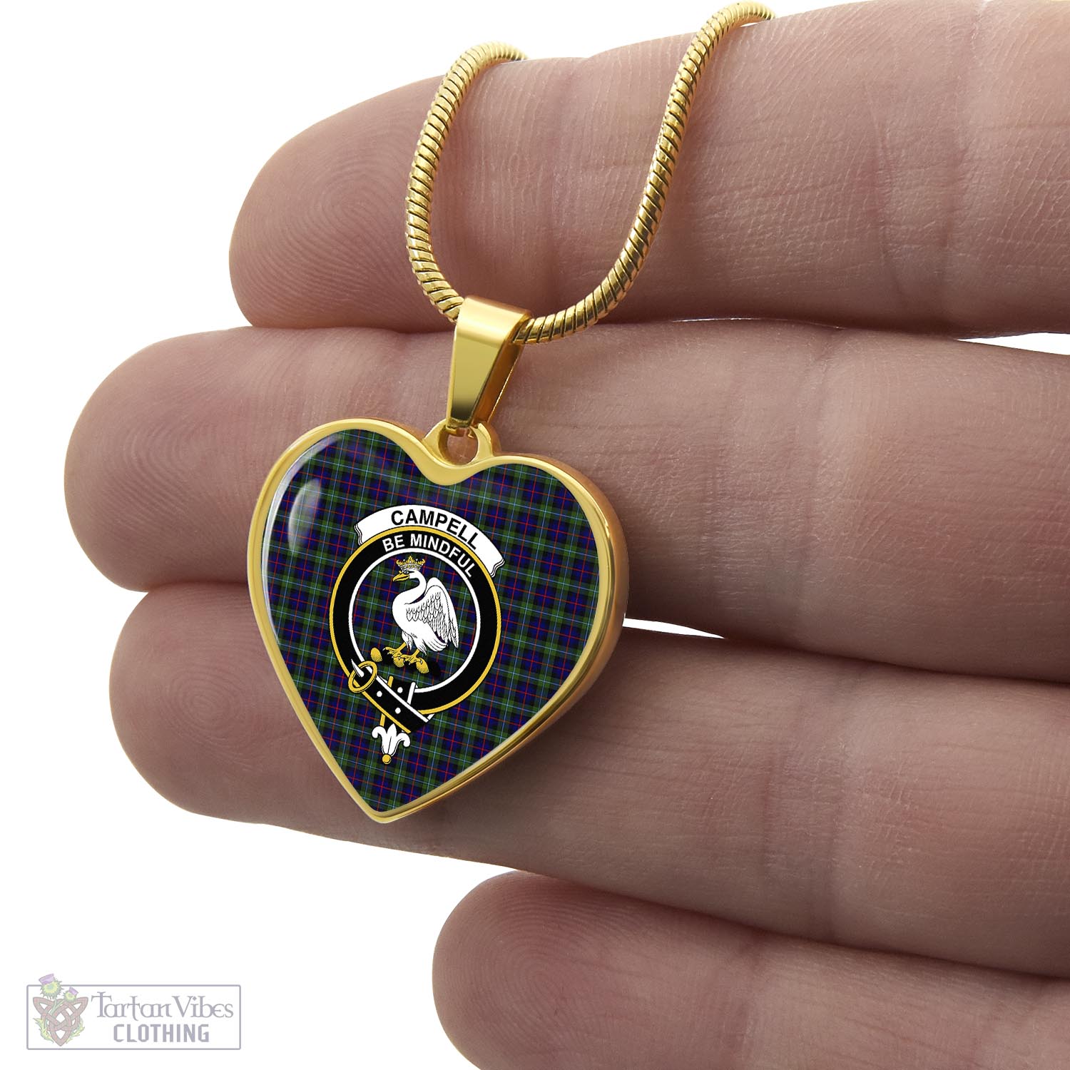 Tartan Vibes Clothing Campbell of Cawdor Modern Tartan Heart Necklace with Family Crest