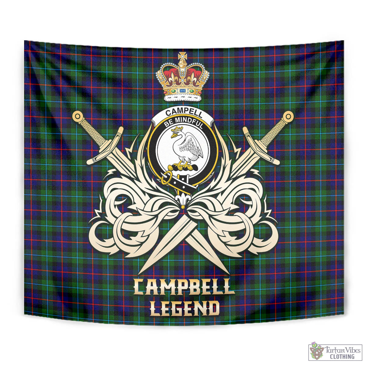 Tartan Vibes Clothing Campbell of Cawdor Modern Tartan Tapestry with Clan Crest and the Golden Sword of Courageous Legacy