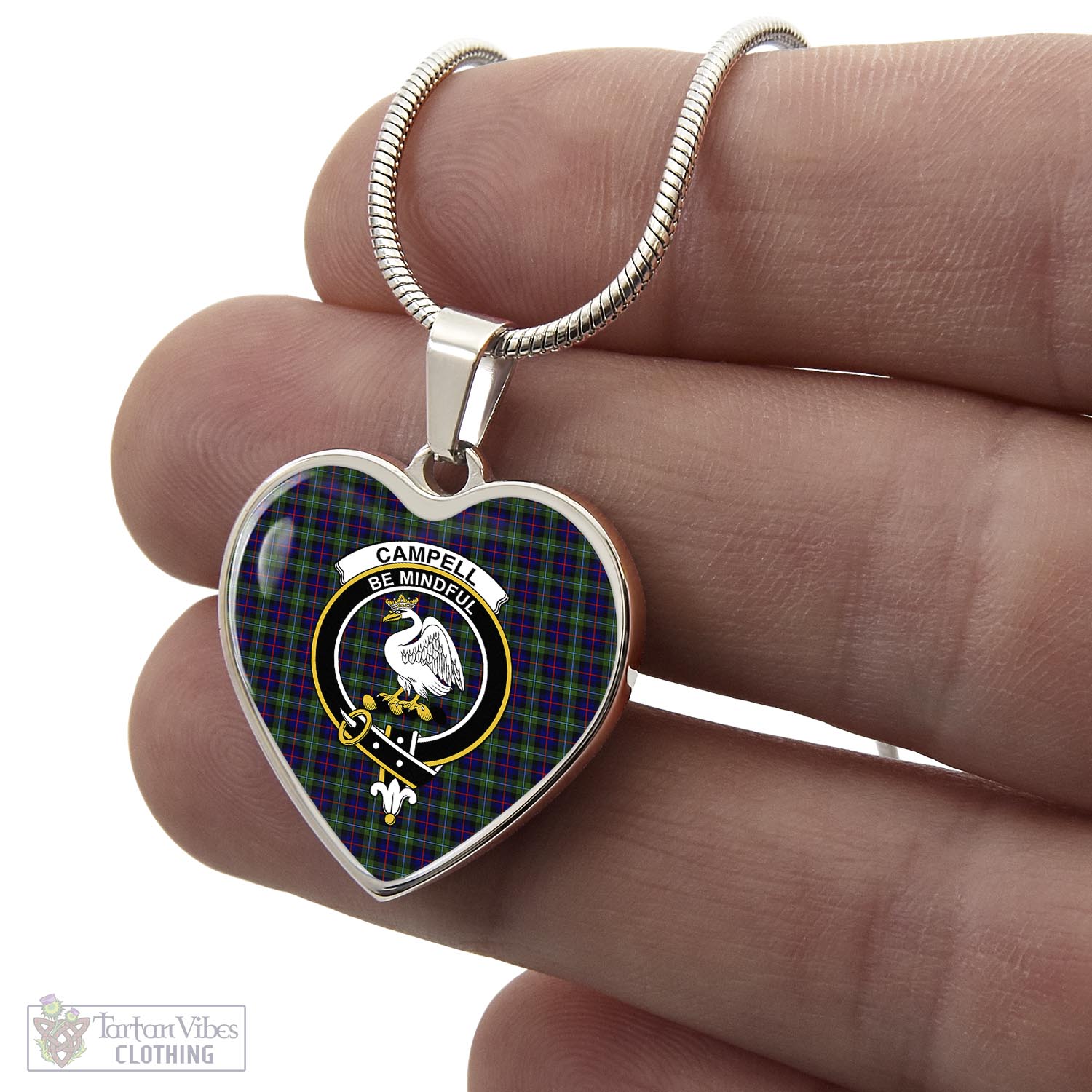 Tartan Vibes Clothing Campbell of Cawdor Modern Tartan Heart Necklace with Family Crest