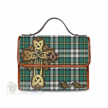 Cape Breton Island Canada Tartan Waterproof Canvas Bag Golden Thistle Celtic Cross Style