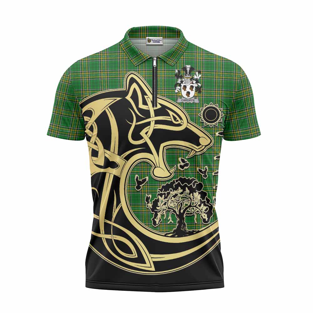 Cardiffe Irish Tartan Zipper Polo Shirt with Coat of Arms Celtic Wolf Style Unisex - Tartan Vibes Clothing