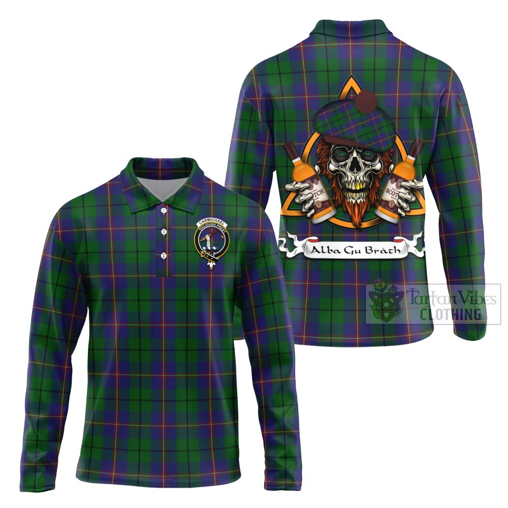 Tartan Vibes Clothing Carmichael Tartan Long Sleeve Polo Shirt with Family Crest and Bearded Skull Holding Bottles of Whiskey