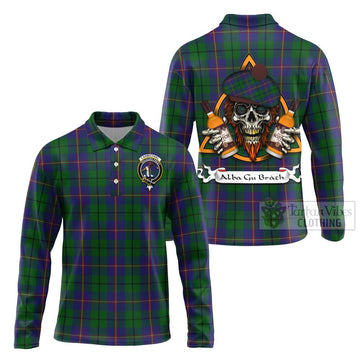 Carmichael Tartan Long Sleeve Polo Shirt with Family Crest and Bearded Skull Holding Bottles of Whiskey