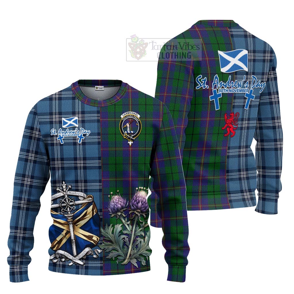 Tartan Vibes Clothing Carmichael Tartan Knitted Sweater Happy St. Andrew's Day Half Tartan Style