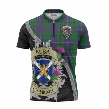 Carmichael Tartan Family Crest Zipper Polo Shirt Lion Rampant Royal Thistle Shield Celtic Inspired Unisex - Tartan Vibes Clothing