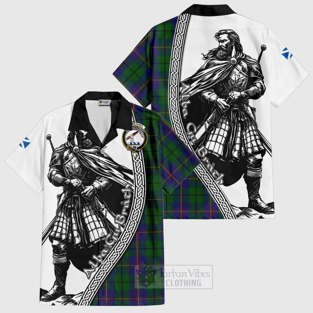 Tartan Vibes Clothing Carmichael Tartan Clan Crest Short Sleeve Button Shirt with Highlander Warrior Celtic Style