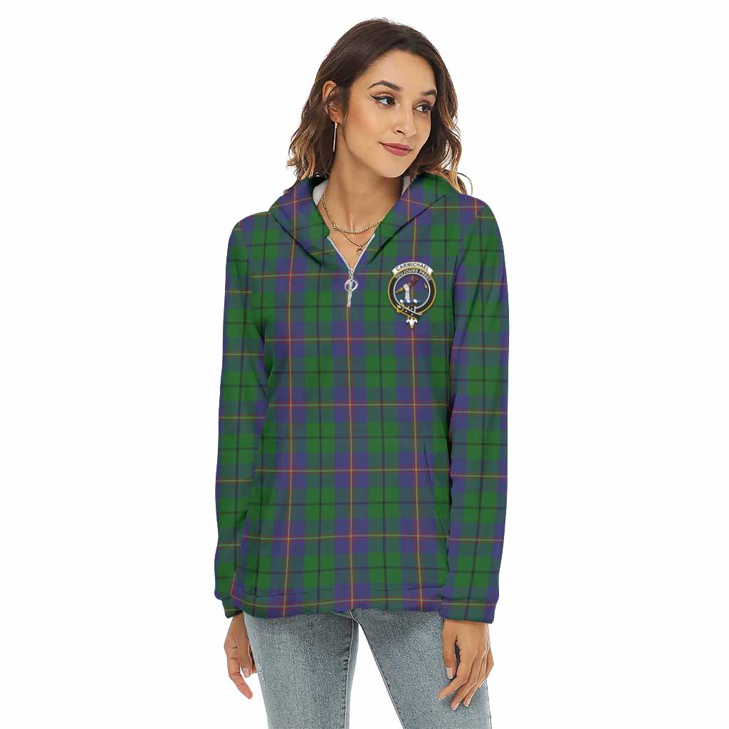 Tartan Vibes Clothing Carmichael Tartan Crest Women's Borg  Half Zip Fleece Hoodie