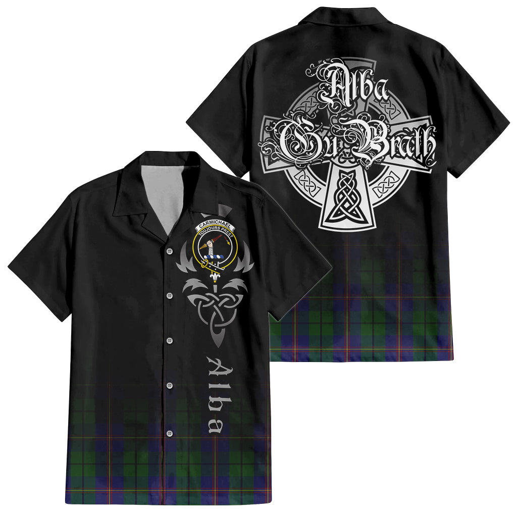 Tartan Vibes Clothing Carmichael Tartan Short Sleeve Button Up Featuring Alba Gu Brath Family Crest Celtic Inspired