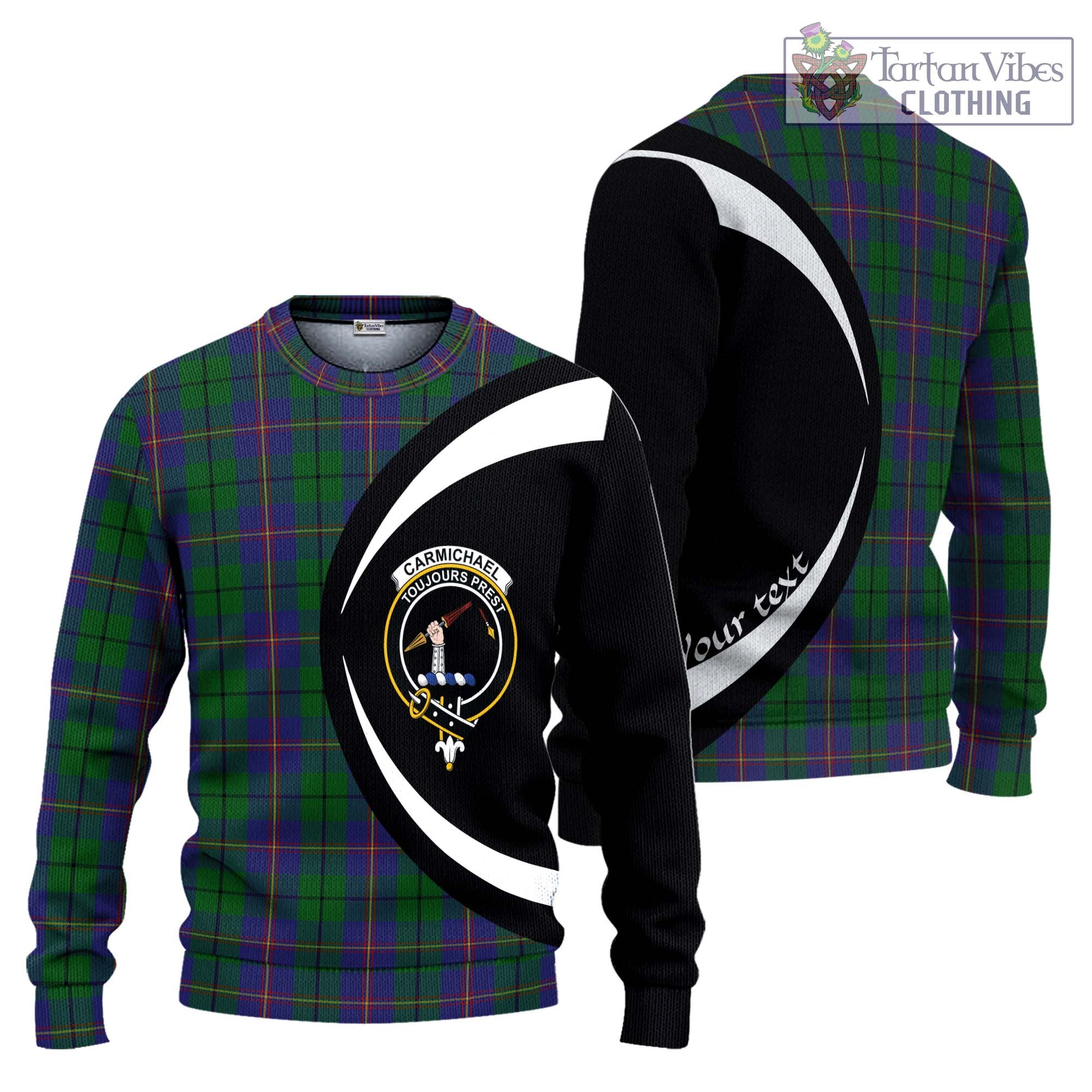 Tartan Vibes Clothing Carmichael Tartan Knitted Sweater with Family Crest Circle Style