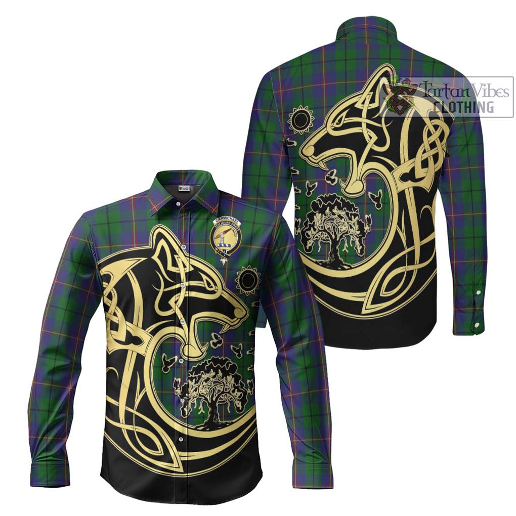 Carmichael Tartan Long Sleeve Button Shirt with Family Crest Celtic Wolf Style Men's Shirt S - Tartan Vibes Clothing