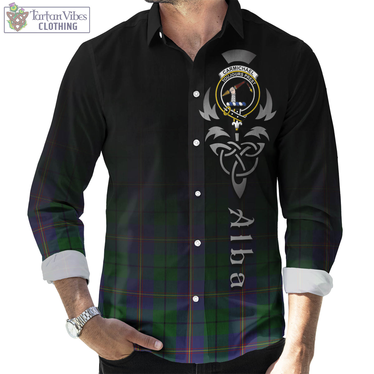 Carmichael Tartan Long Sleeve Button Up Featuring Alba Gu Brath Family Crest Celtic Inspired Men's Shirt - Tartan Vibes Clothing