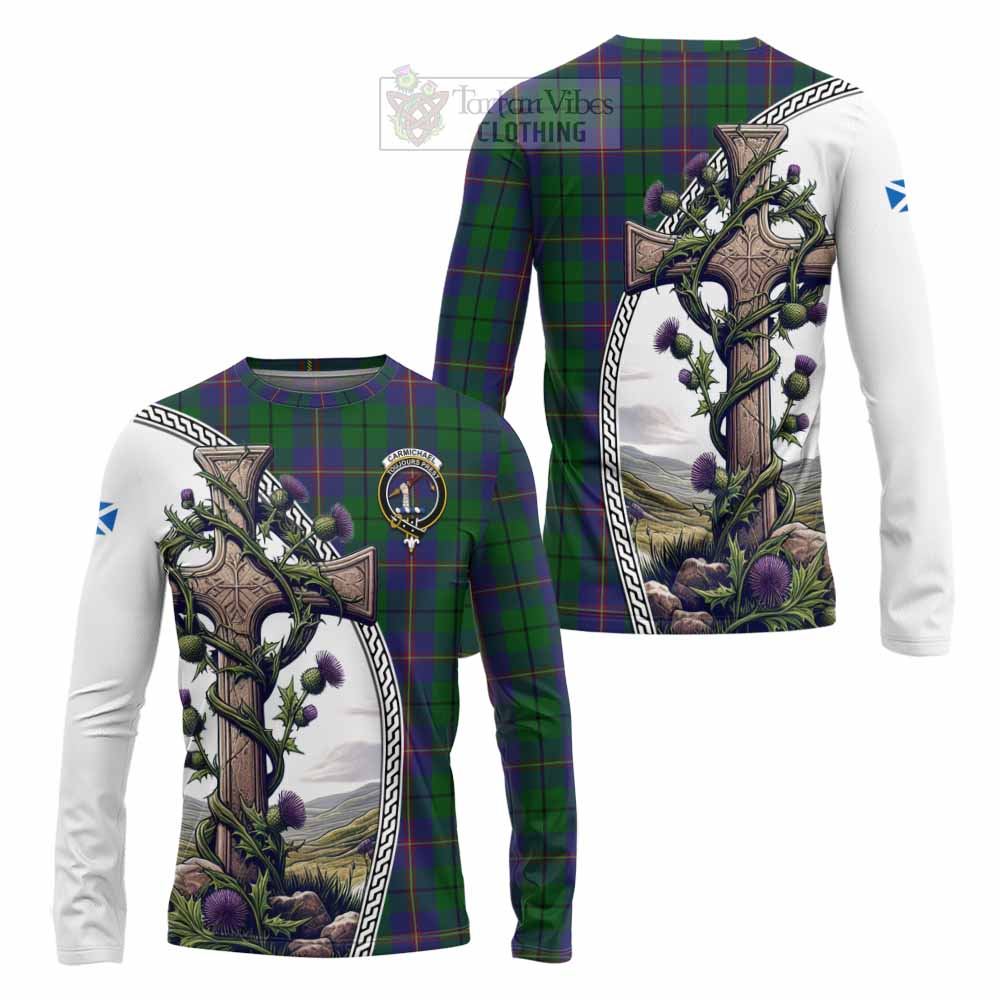 Tartan Vibes Clothing Carmichael Tartan Long Sleeve T-Shirt with Family Crest and St. Andrew's Cross Accented by Thistle Vines