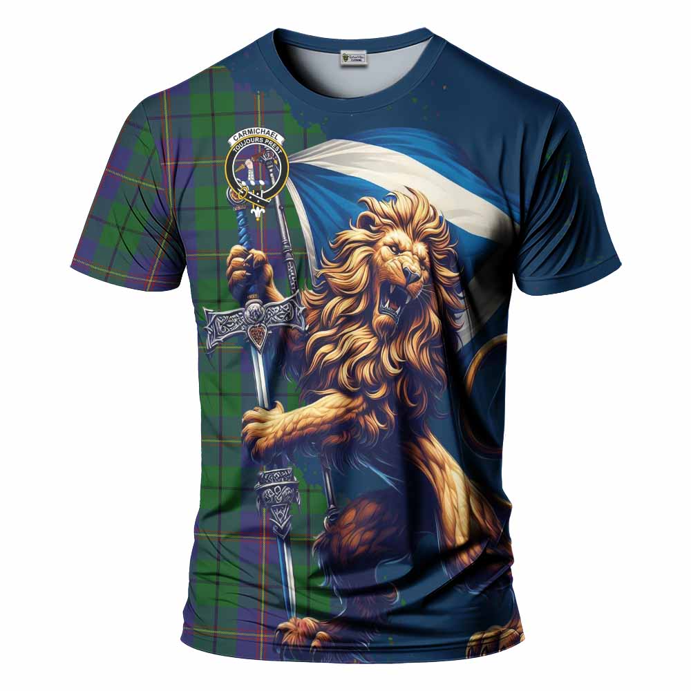 Tartan Vibes Clothing Carmichael Tartan Family Crest T-Shirt with Scottish Majestic Lion