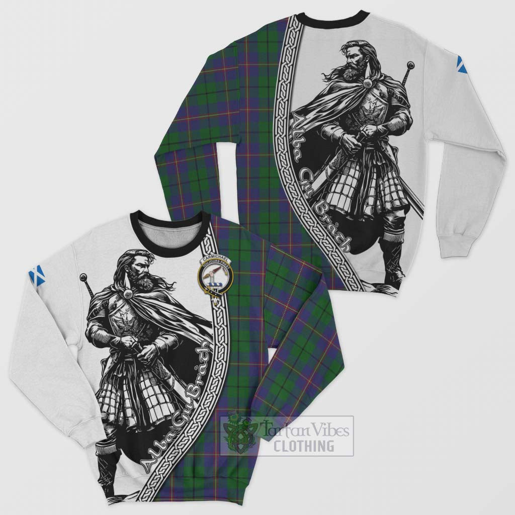 Tartan Vibes Clothing Carmichael Tartan Clan Crest Sweatshirt with Highlander Warrior Celtic Style