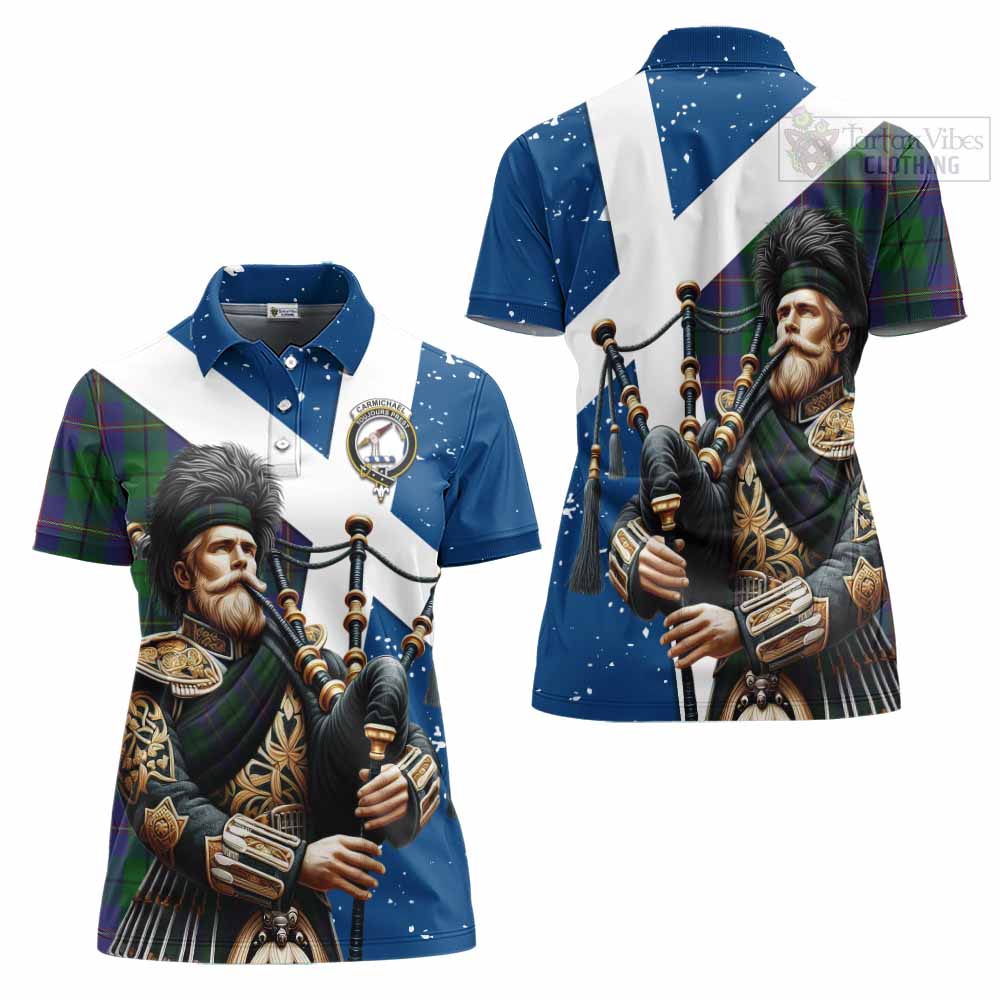 Tartan Vibes Clothing Carmichael Tartan Women's Polo Shirt with Family Crest Scottish Bagpiper Vibes