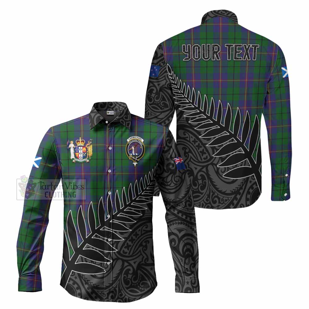 Tartan Vibes Clothing Carmichael Crest Tartan Long Sleeve Button Shirt with New Zealand Silver Fern Half Style