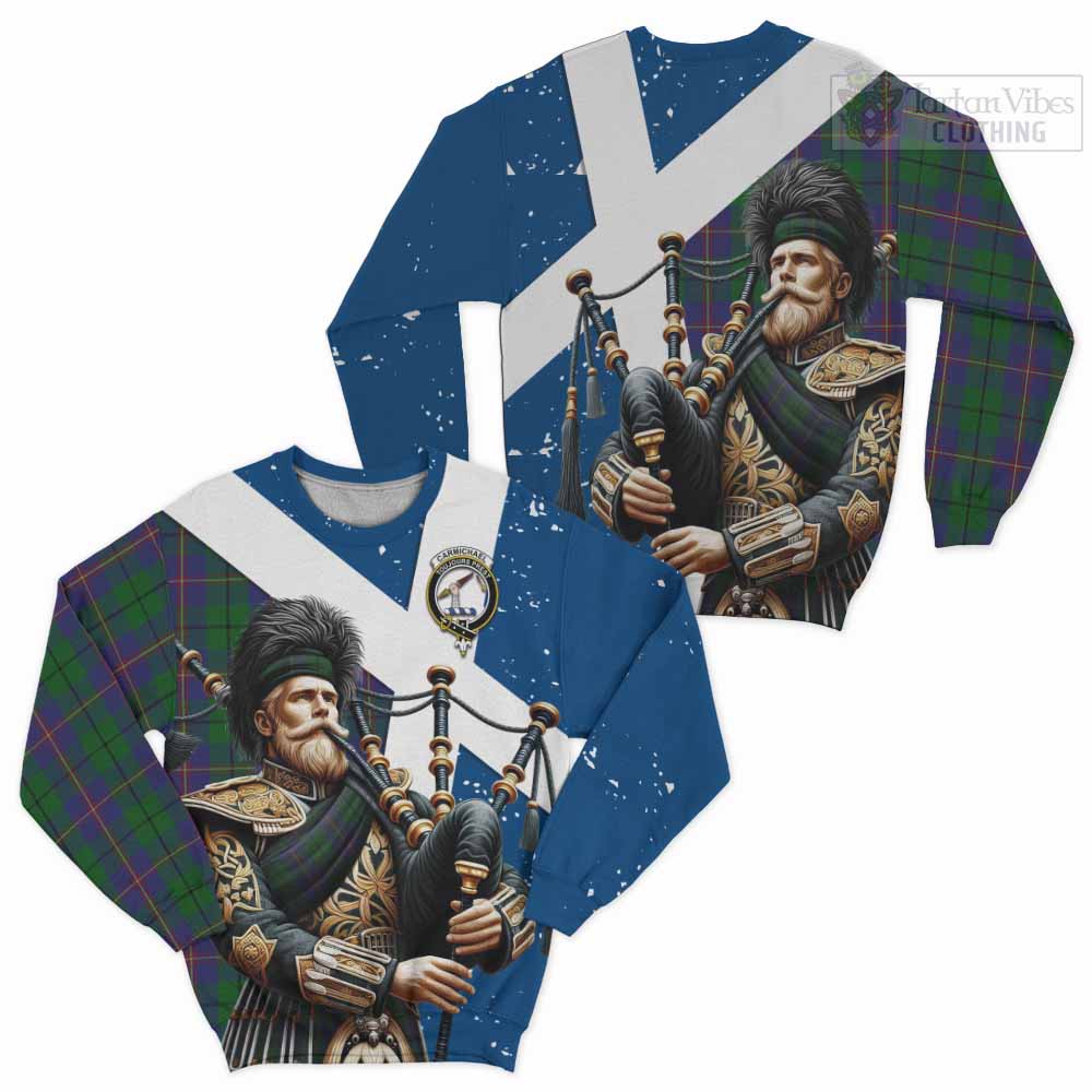 Tartan Vibes Clothing Carmichael Tartan Sweatshirt with Family Crest Scottish Bagpiper Vibes