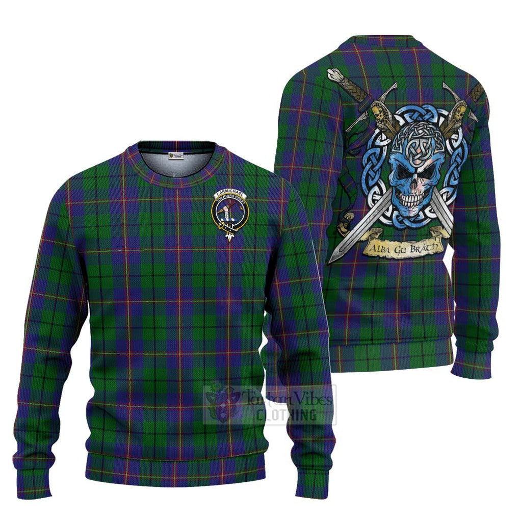 Tartan Vibes Clothing Carmichael Tartan Knitted Sweater with Family Crest Celtic Skull Style