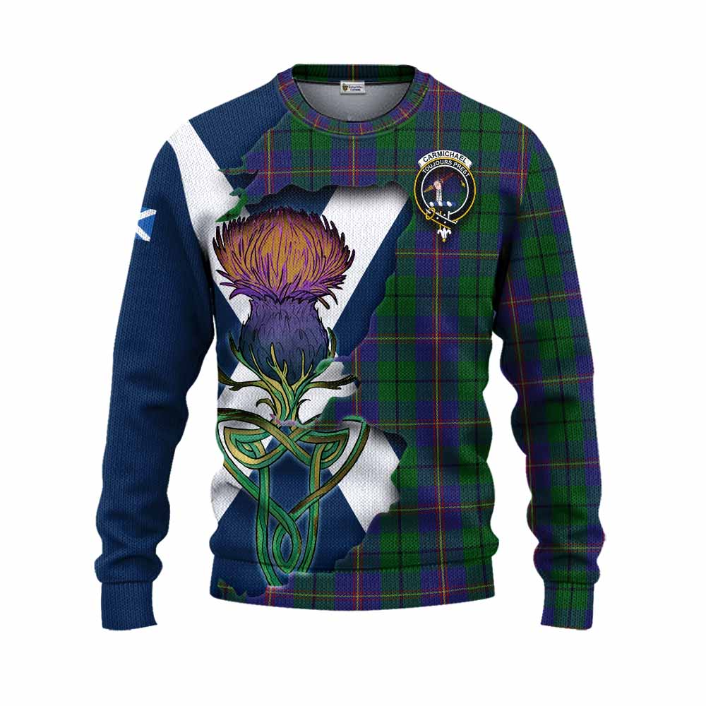 Carmichael Tartan Family Crest Knitted Sweater Scottish Thistle Celtic Inspired Unisex - Tartan Vibes Clothing