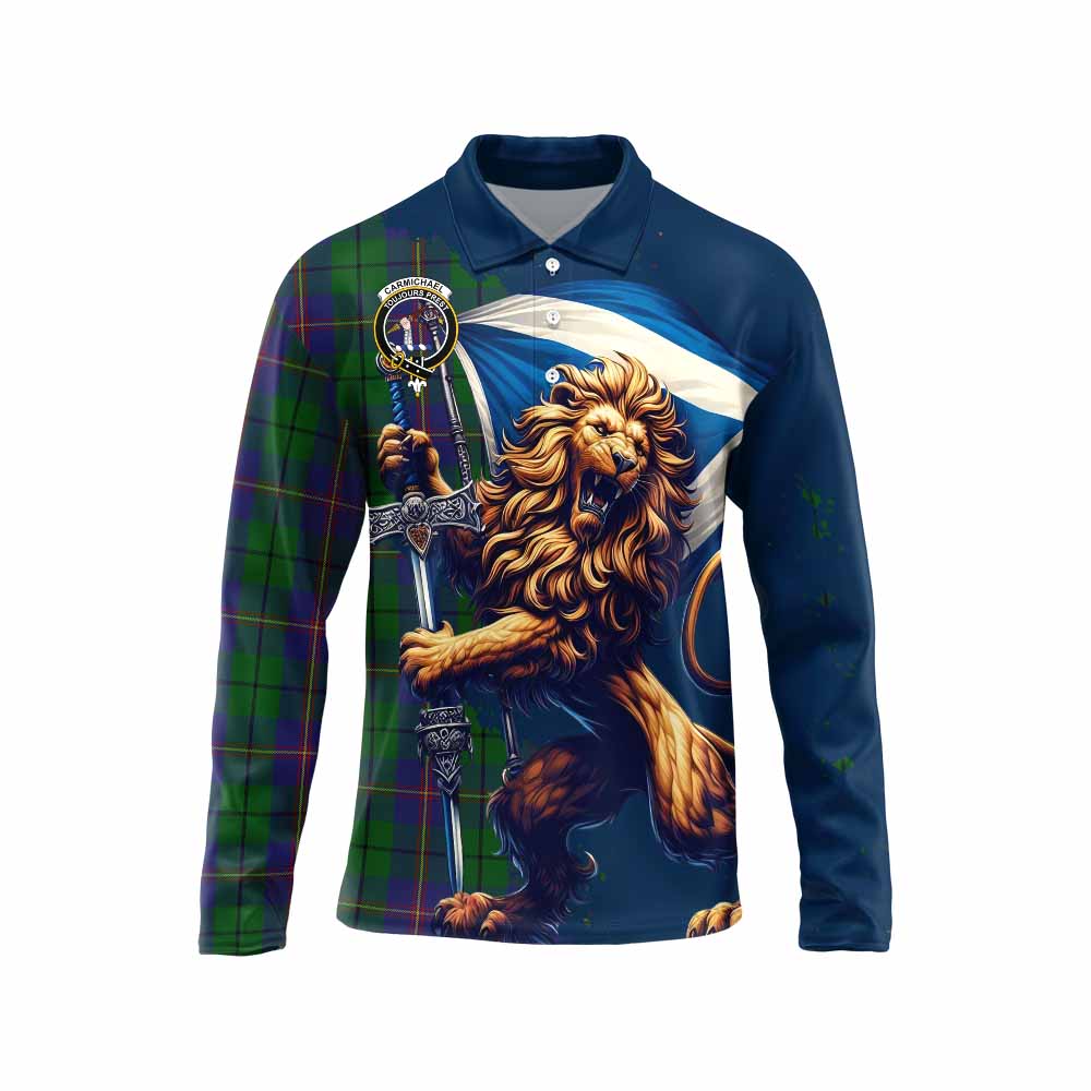 Tartan Vibes Clothing Carmichael Tartan Family Crest Long Sleeve Polo Shirt with Scottish Majestic Lion