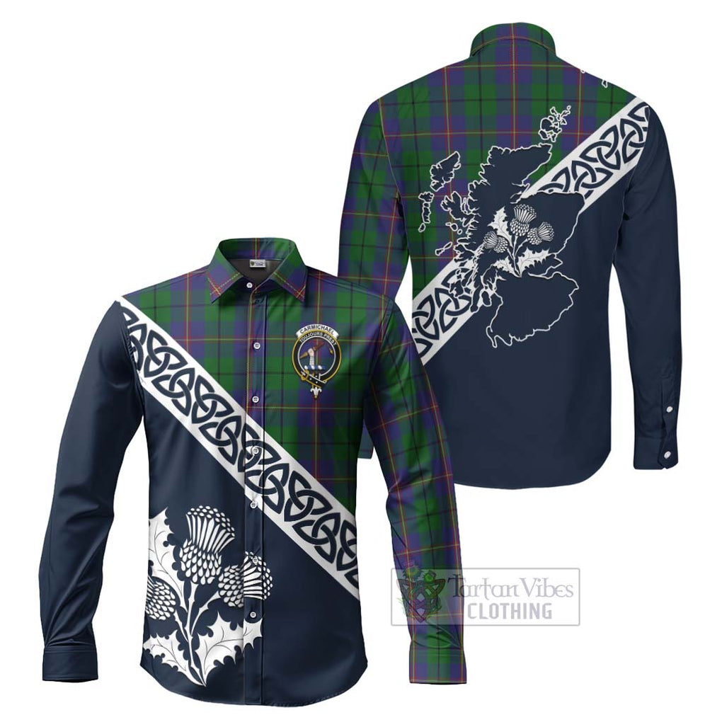 Tartan Vibes Clothing Carmichael Tartan Long Sleeve Button Shirt Featuring Thistle and Scotland Map