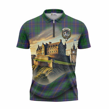 Carmichael Tartan Family Crest Zipper Polo Shirt with Scottish Ancient Castle Style Unisex - Tartan Vibes Clothing