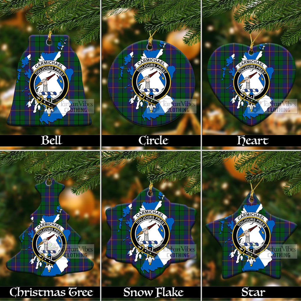 Tartan Vibes Clothing Carmichael Tartan Christmas Ornament with Family Crest and Scotland Map