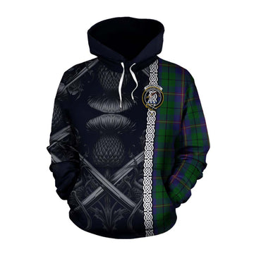 Carmichael Tartan Cotton Hoodie with Family Crest Cross Sword Thistle Celtic Vibes Pullover Hoodie XS - Tartan Vibes Clothing