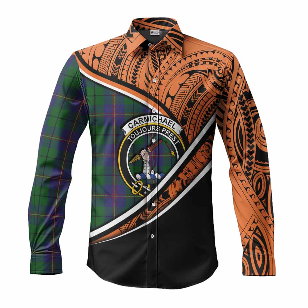 Tartan Vibes Clothing Carmichael Crest Tartan Long Sleeve Button Shirt with Maori Tattoo Style - Orange Version