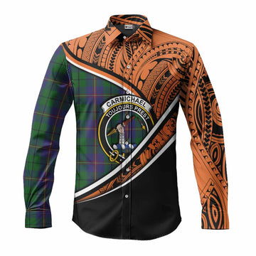 Carmichael Crest Tartan Long Sleeve Button Shirt with Polynesian Vibes Style - Orange Version