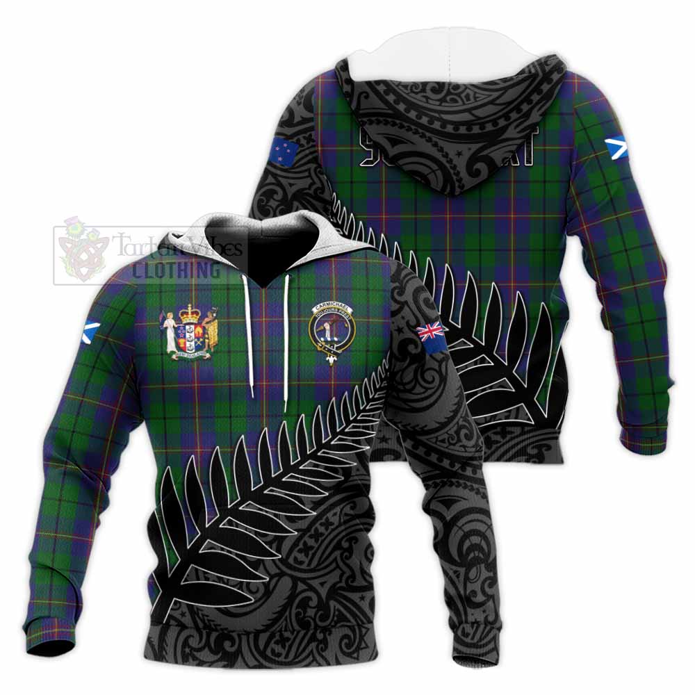 Tartan Vibes Clothing Carmichael Crest Tartan Knitted Hoodie with New Zealand Silver Fern Half Style