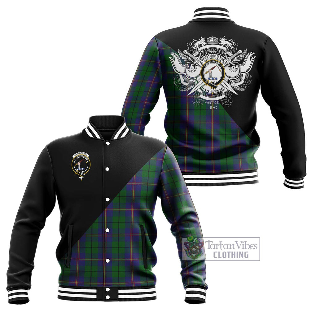 Carmichael Tartan Baseball Jacket with Family Crest and Military Logo Style Unisex - Tartanvibesclothing Shop