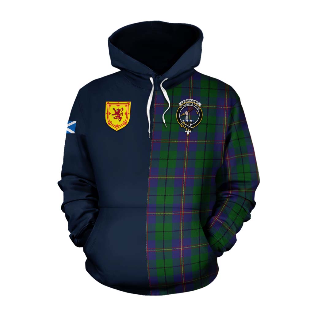 Tartan Vibes Clothing Carmichael Tartan Cotton Hoodie Alba with Scottish Lion Royal Arm Half Style