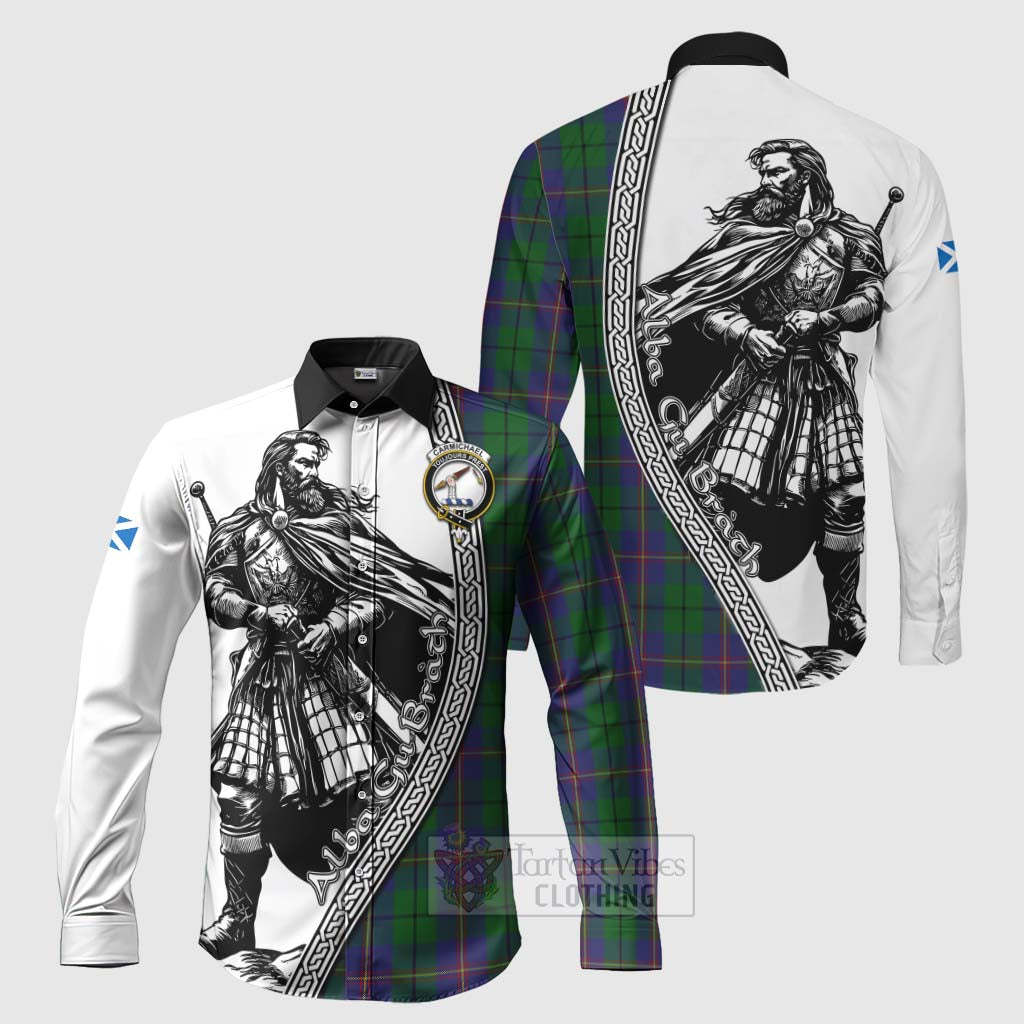 Tartan Vibes Clothing Carmichael Tartan Clan Crest Long Sleeve Button Shirt with Highlander Warrior Celtic Style