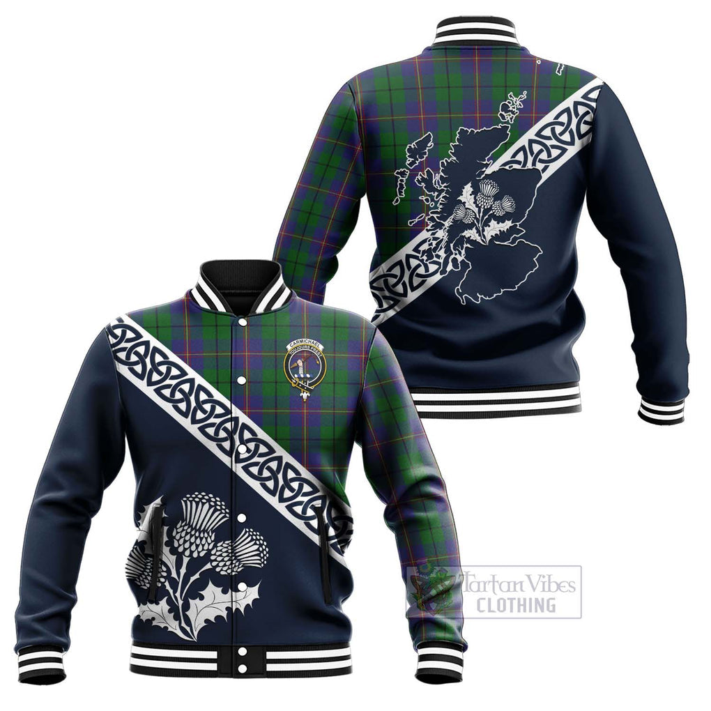 Tartan Vibes Clothing Carmichael Tartan Baseball Jacket Featuring Thistle and Scotland Map