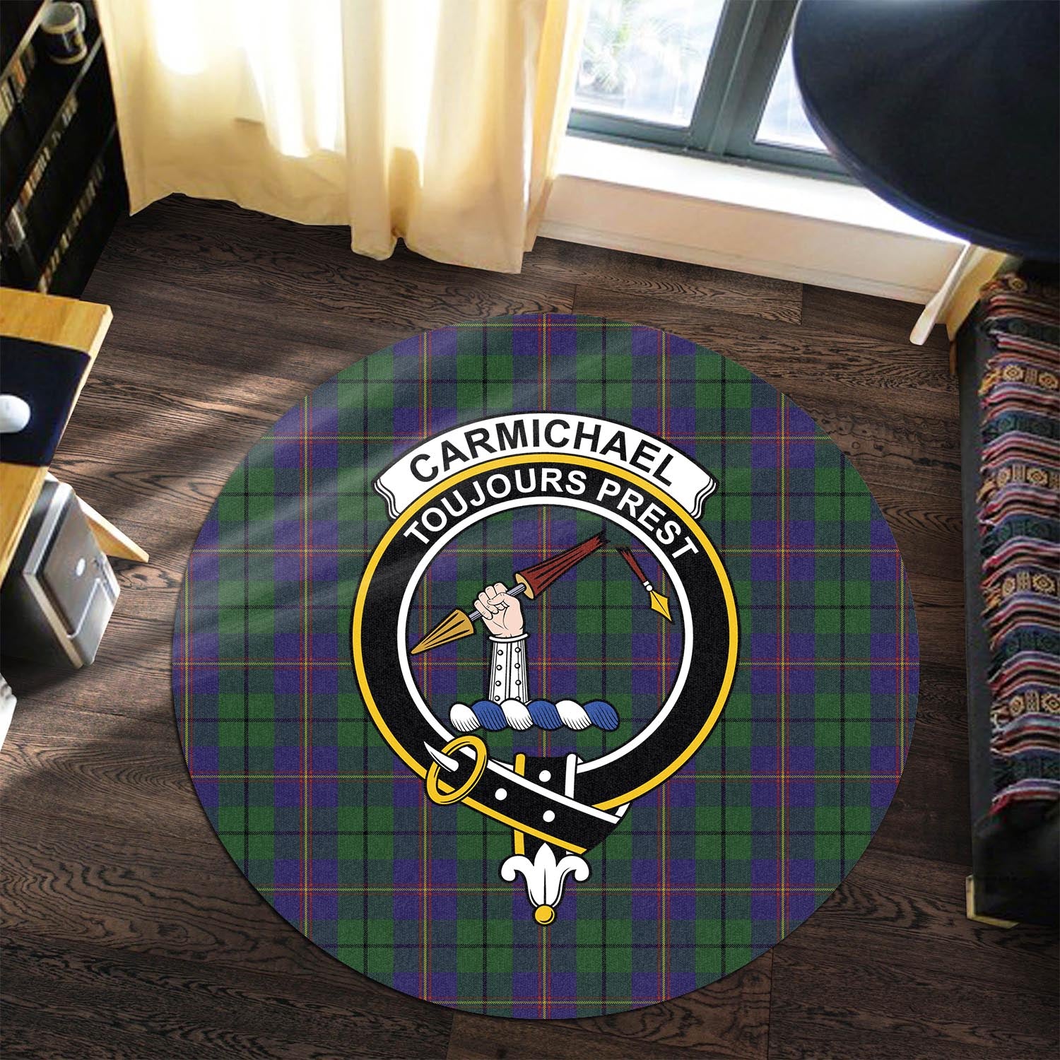 Carmichael Tartan Round Rug with Family Crest - Tartanvibesclothing